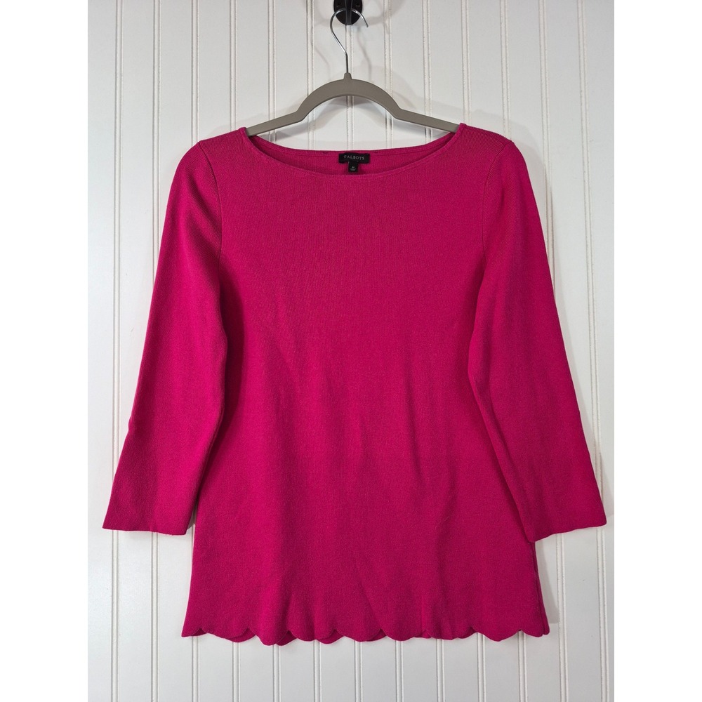 Talbots Magenta Hot Pink Scallop Hem Boat Neck 3/4 Sleeve Knit Top Stretchy M‎